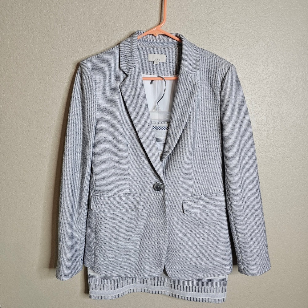 LOFT Skirt suit set Blue White Textured Blazer Size 6, Striped Skirt Size Medium